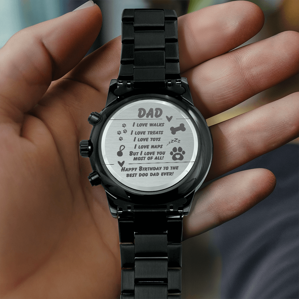Dog Dad - I love walks - Black Chronograph Watch with Engraving