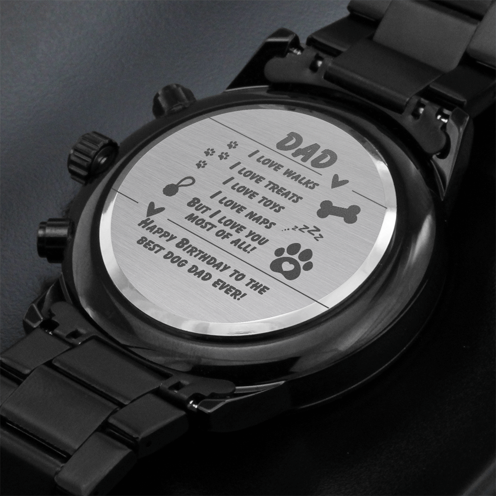 Dog Dad - I love walks - Black Chronograph Watch with Engraving