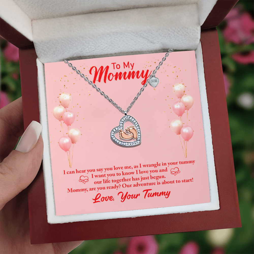 To Mom - I can hear - Baby Feet Heart Necklace
