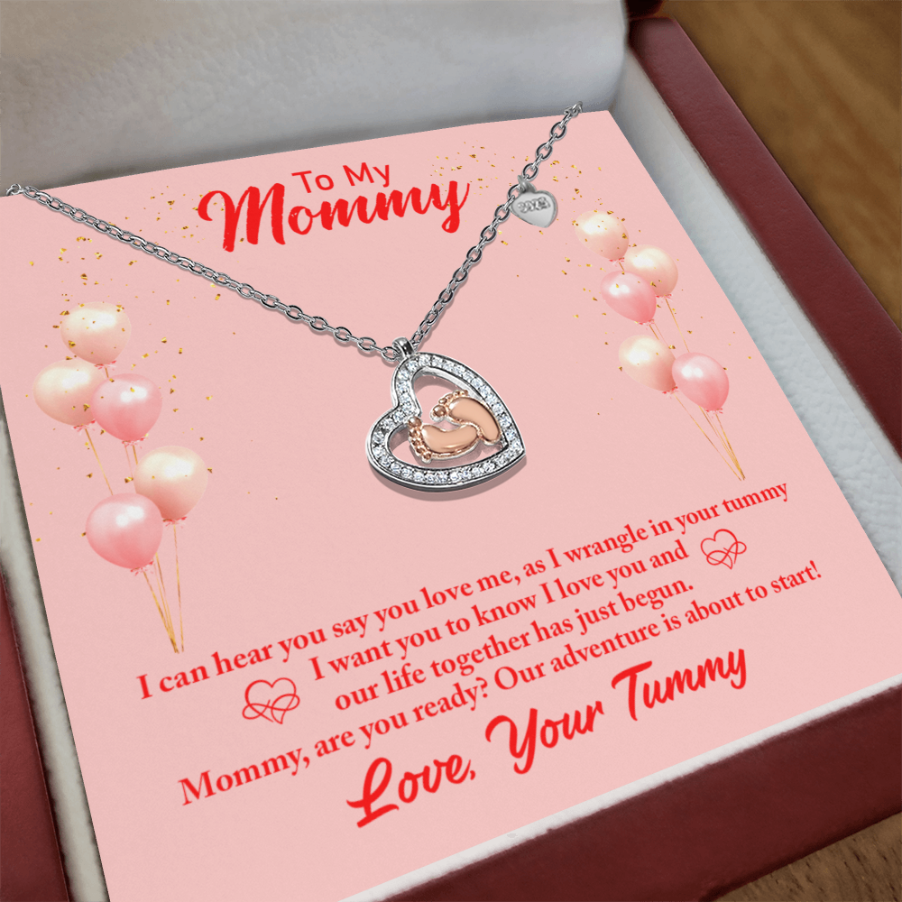 To Mom - I can hear - Baby Feet Heart Necklace