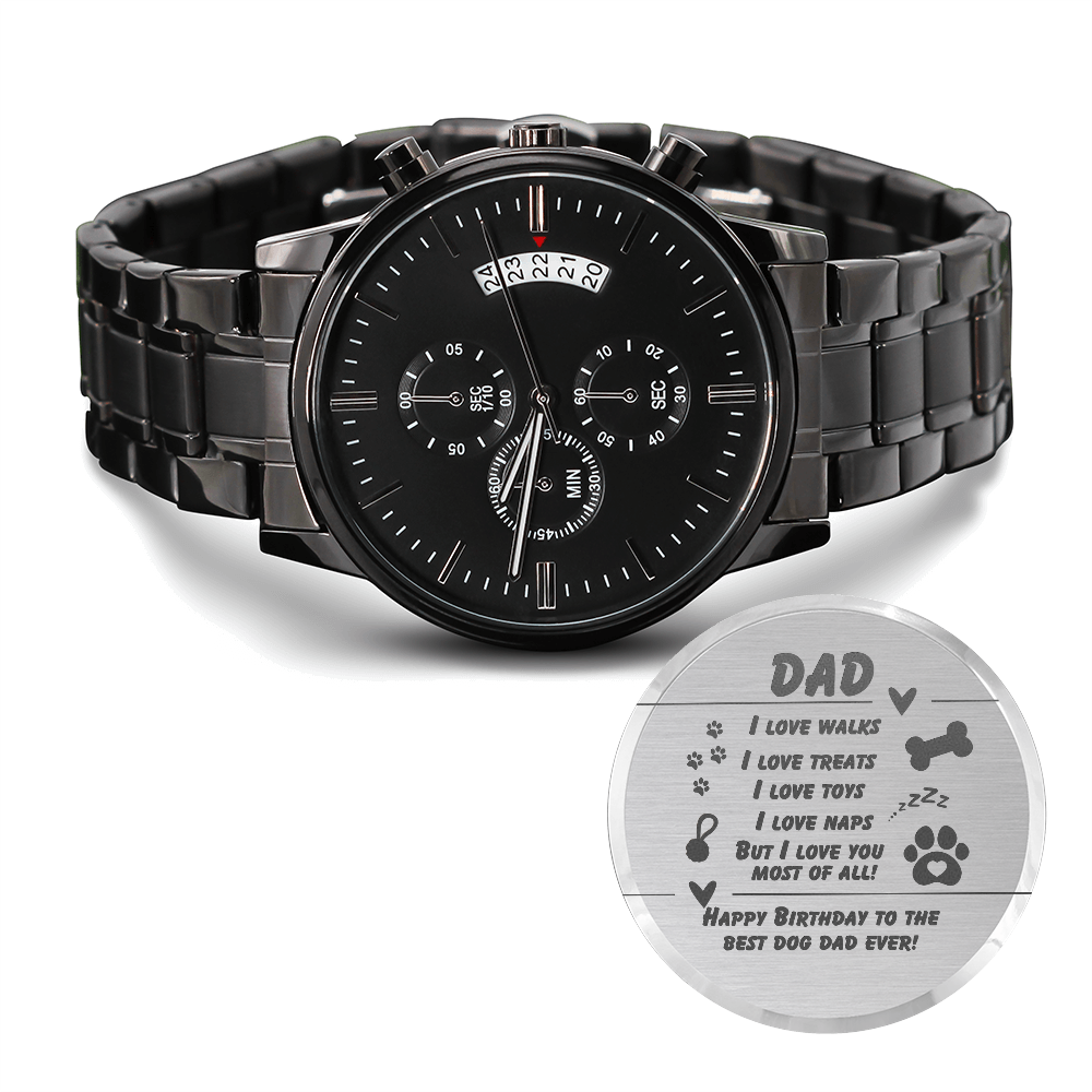 Dog Dad - I love walks - Black Chronograph Watch with Engraving