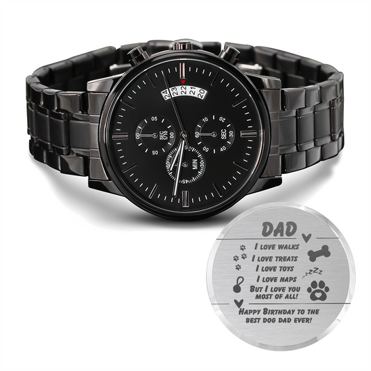 Dog Dad - I love walks - Black Chronograph Watch with Engraving