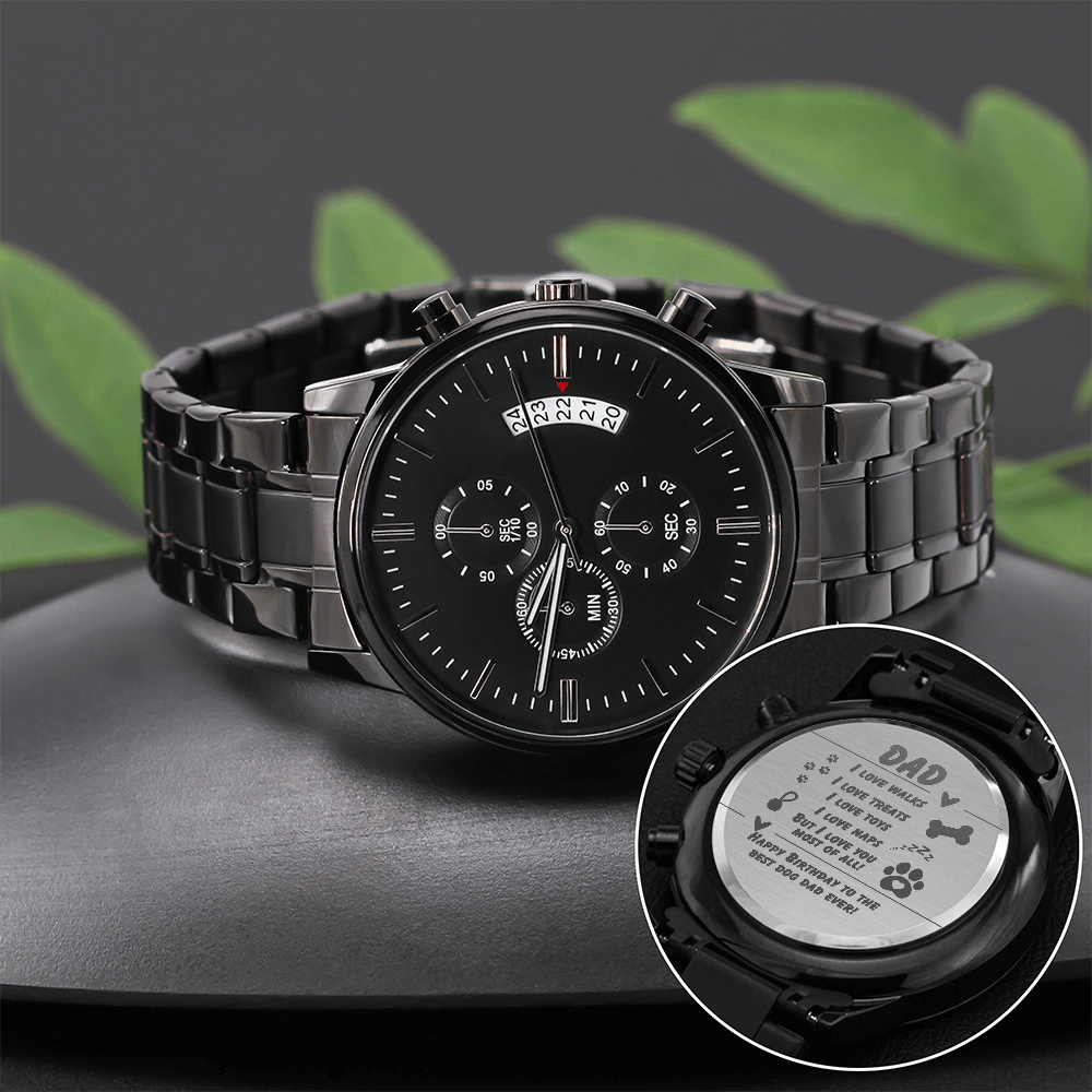 Dog Dad - I love walks - Black Chronograph Watch with Engraving