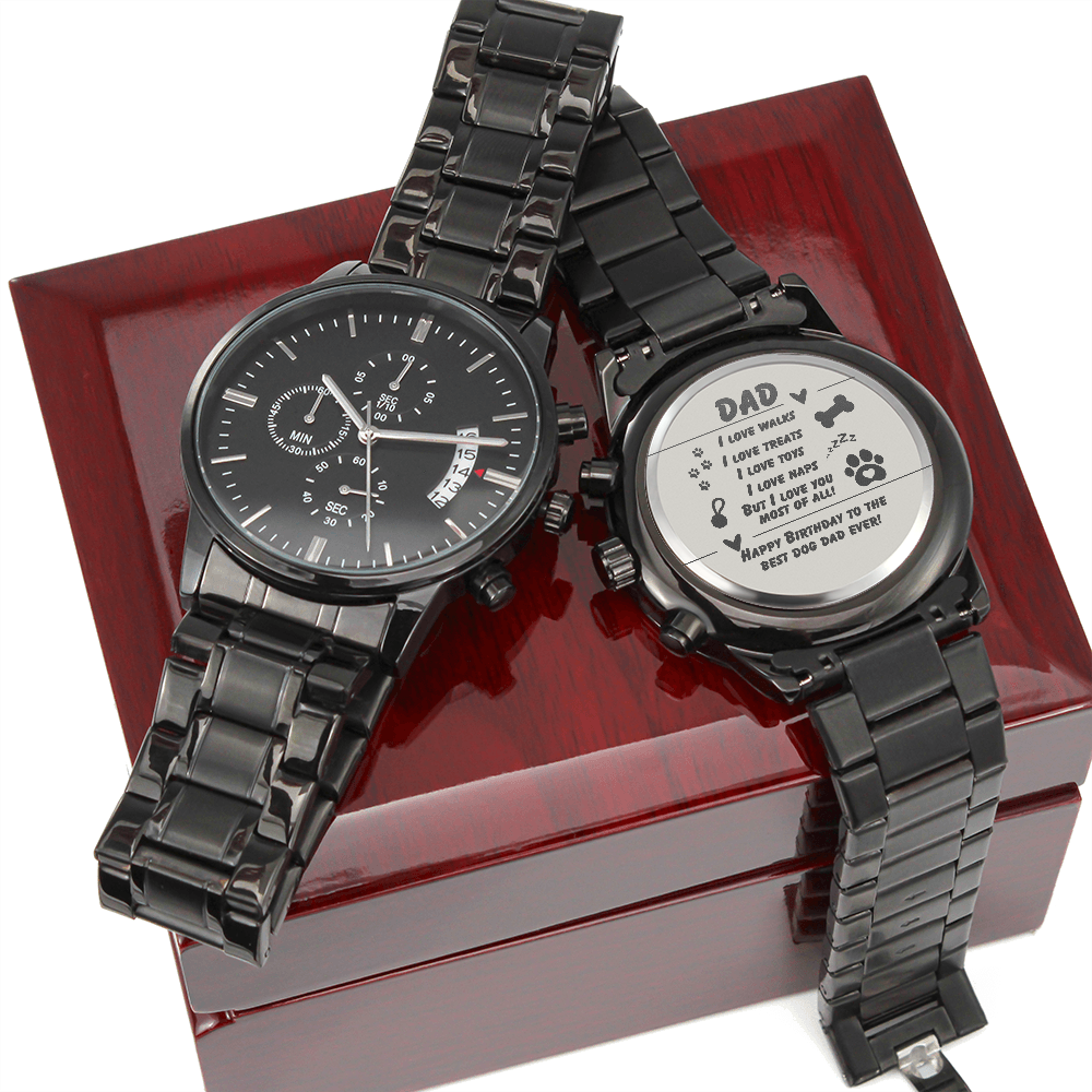 Dog Dad - I love walks - Black Chronograph Watch with Engraving
