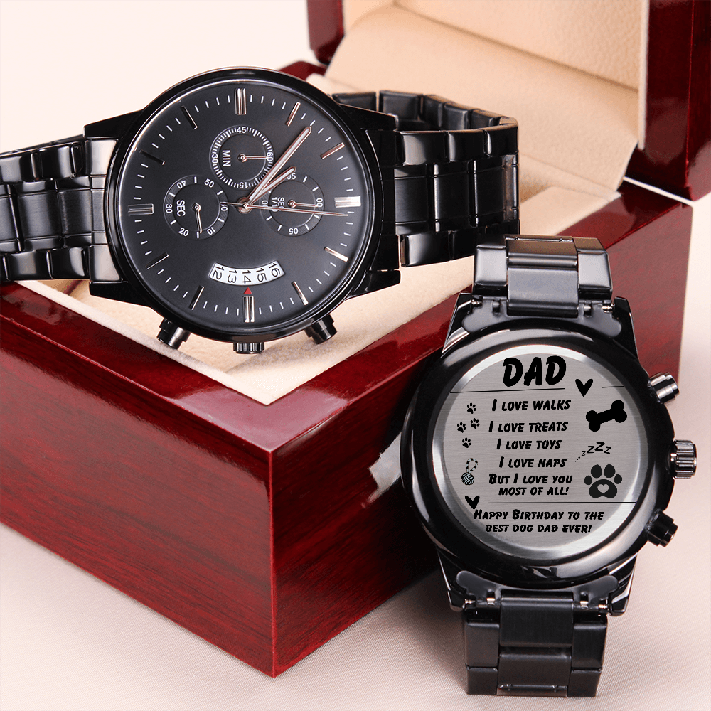 Dog Dad - I love walks - Black Chronograph Watch with Engraving