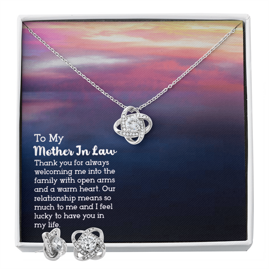 To Mother In Law - Thank you for always - Love Knot Necklace & Earring Set