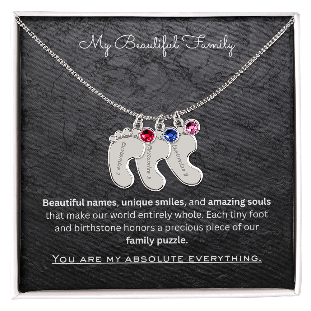 The "Three Children Trio" Baby Feet Birthstone Necklace