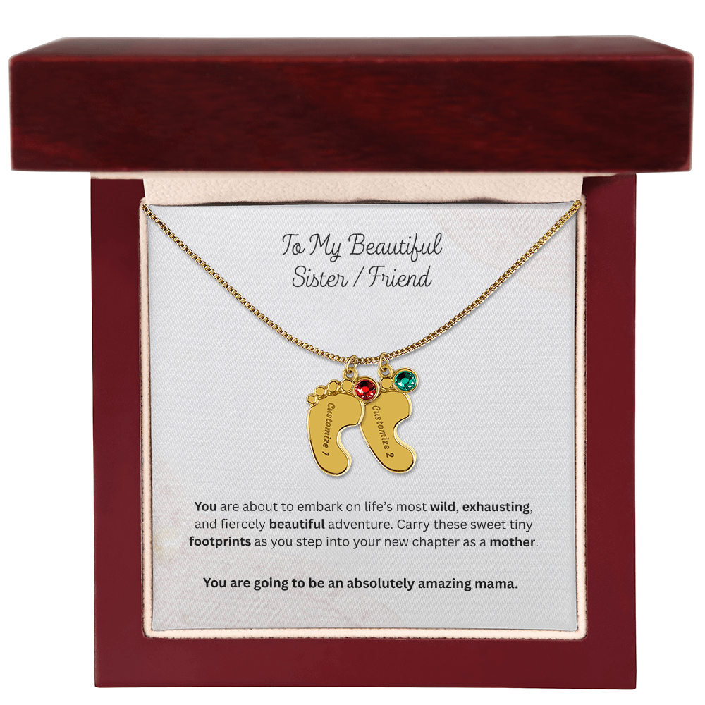 The "First-Time Mother" Baby Feet Birthstone Necklace